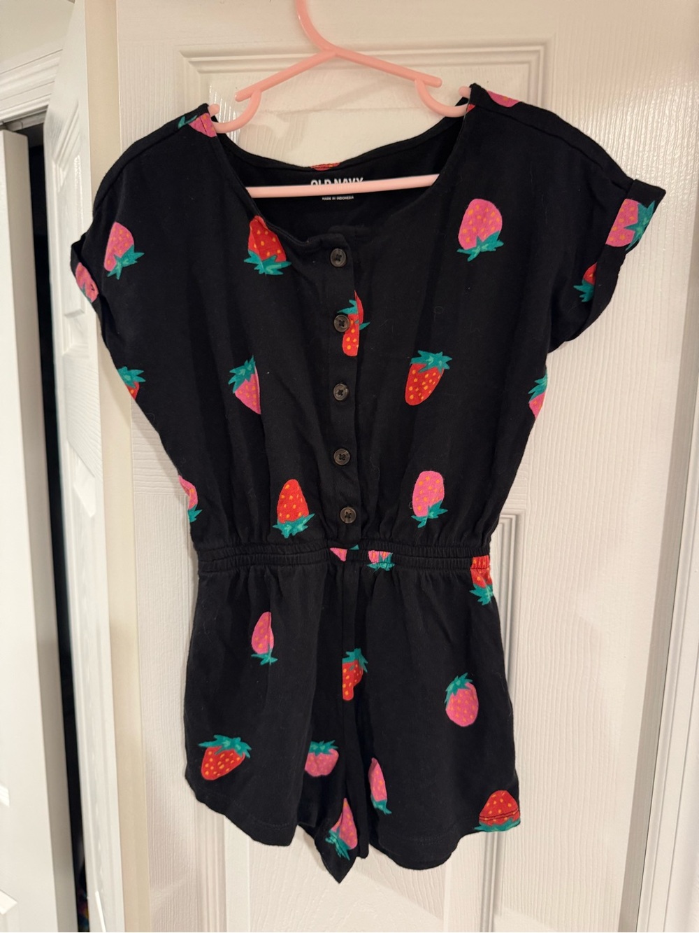 Old Navy Black Romper with Pink and Red Strawberry Print